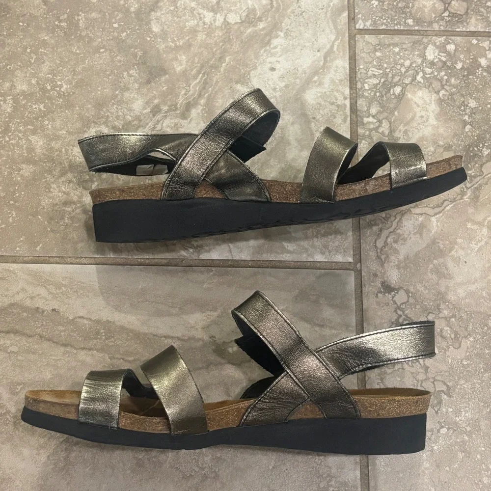 Naot Kayla Metallic Pewter Leather Strappy Slingback Comfort Sandals Womens L10